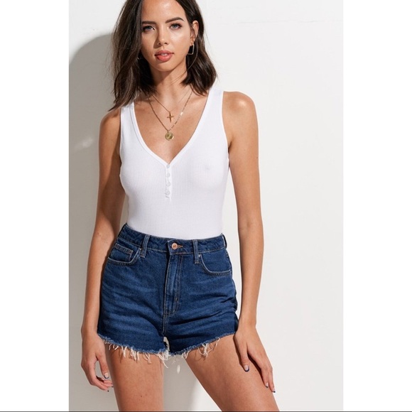 Button Ribbed Tank Bodysuit - White - Picture 3 of 3